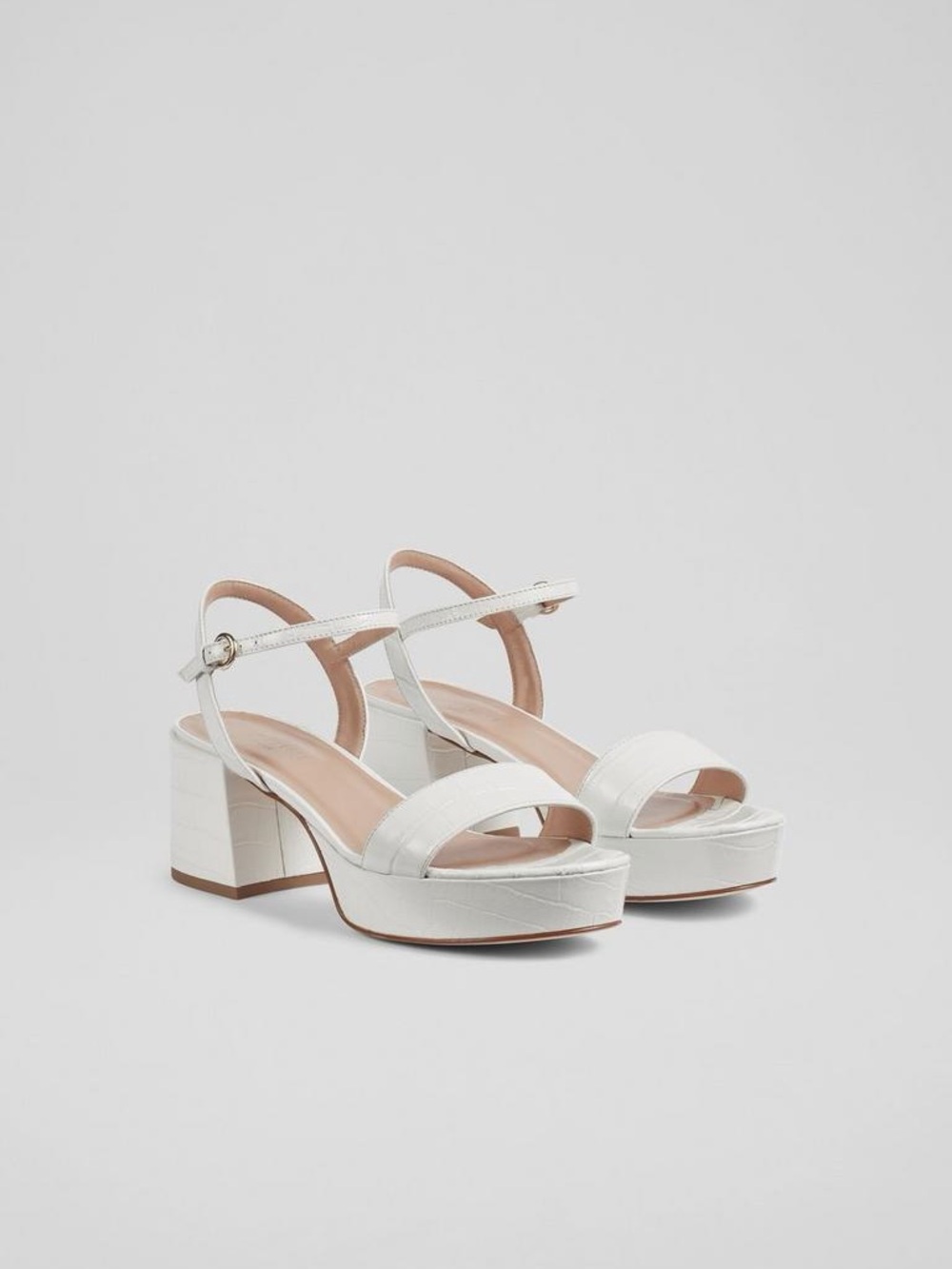 LK Bennett White Amia White Croc-Effect Leather Low Platform Sandals Sz 9 / EU39